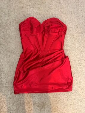 Honey and Rosie Satin Strapless Pleated Twist Front Dress